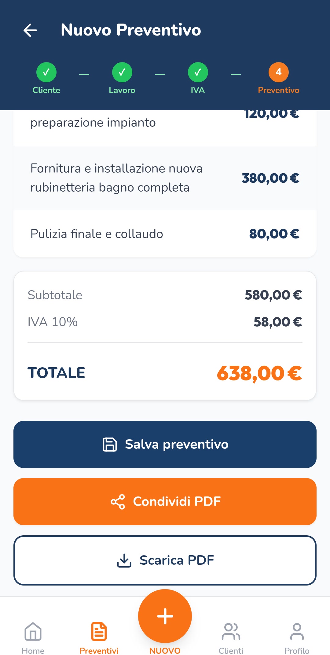 Totale calcolato e condivisione PDF